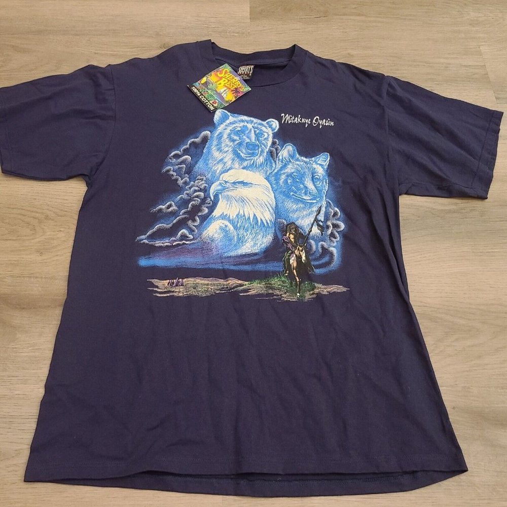 NWT Mitakuye Oyasin Vtg Bear Wolf Eagle Nature  T-Shirt Artist 1990s XL Wildlife
